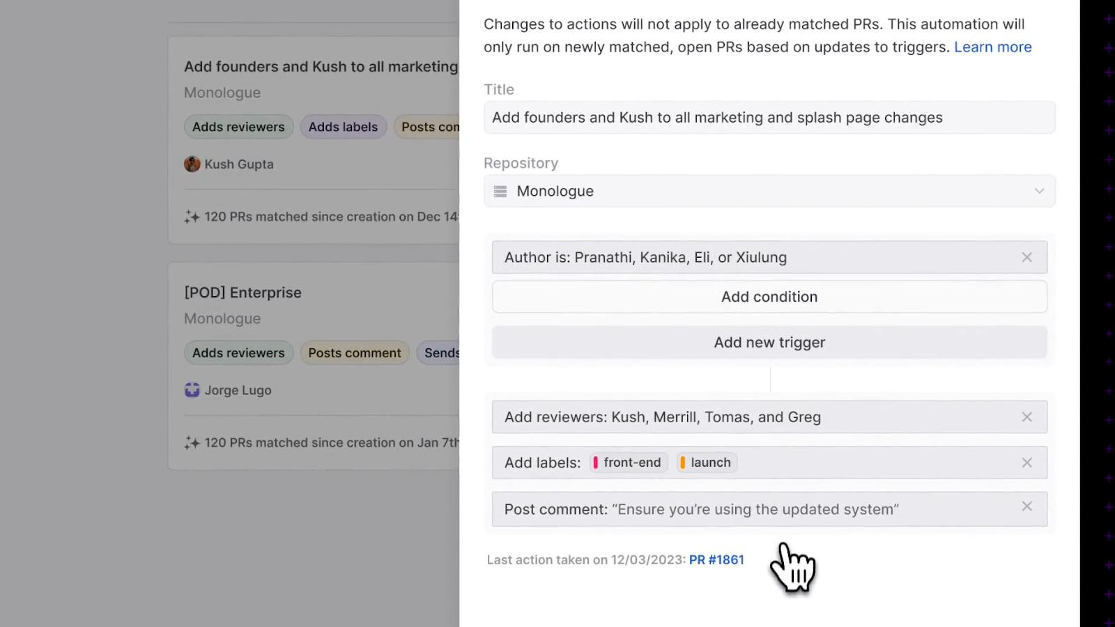screenshot of Graphite automation feature