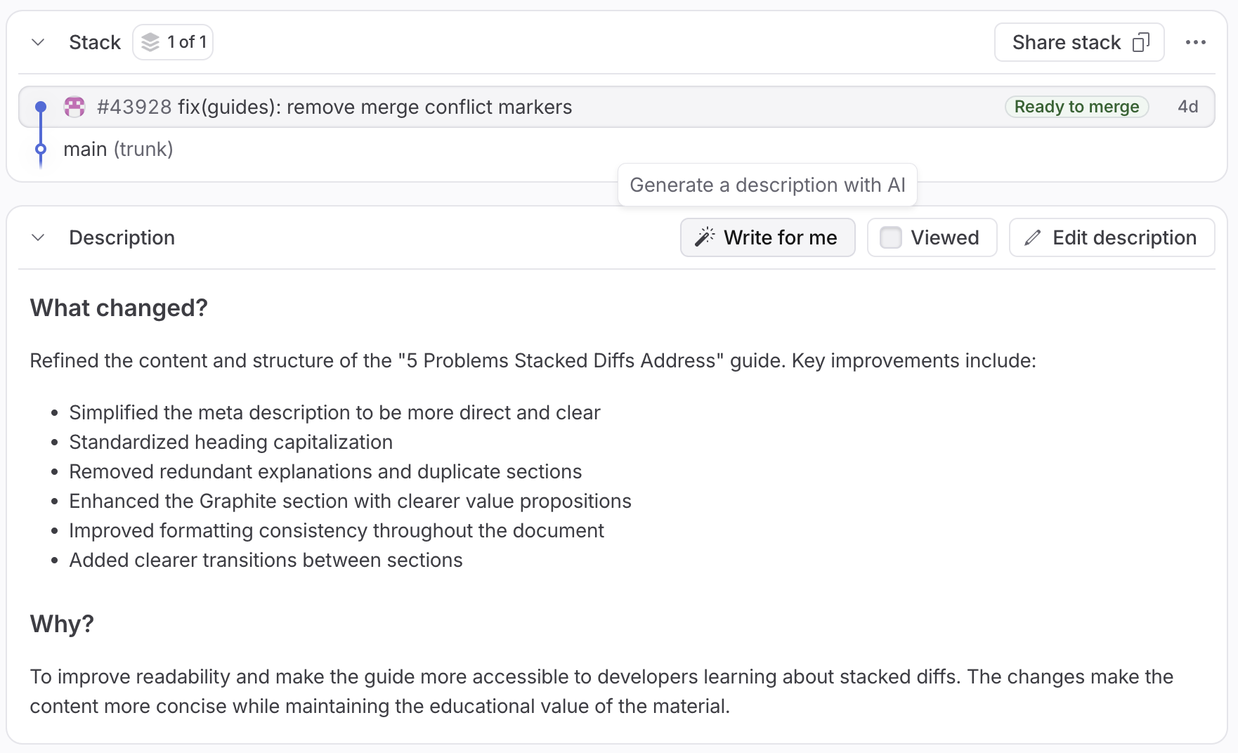 screenshot of generating pr description