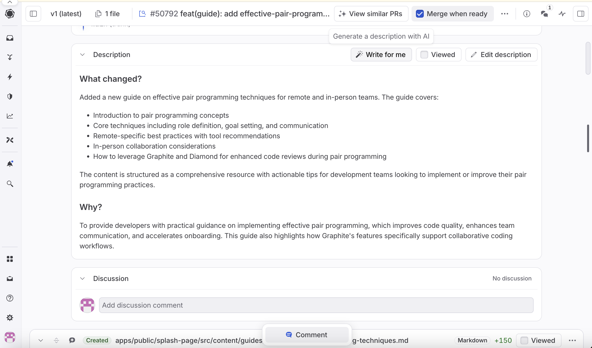 screenshot of generating pr description