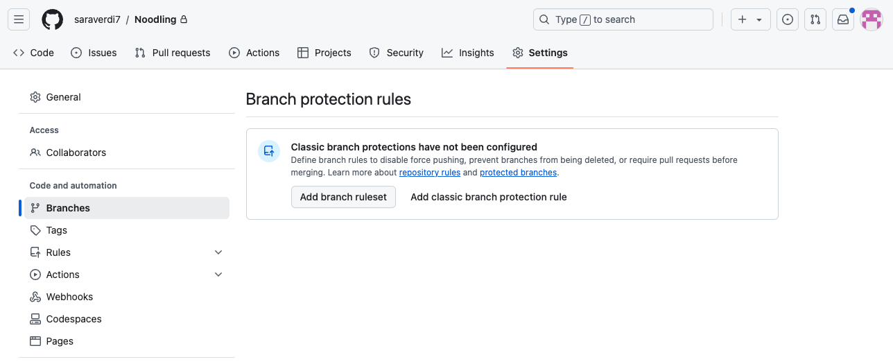screenshot of adding a branch protection rule